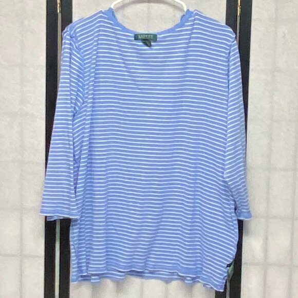 Lauren Ralph Lauren Double Ruffle VNeck 1/4 Button Tee Blue White 3X Long Sleeve - Picture 6 of 12